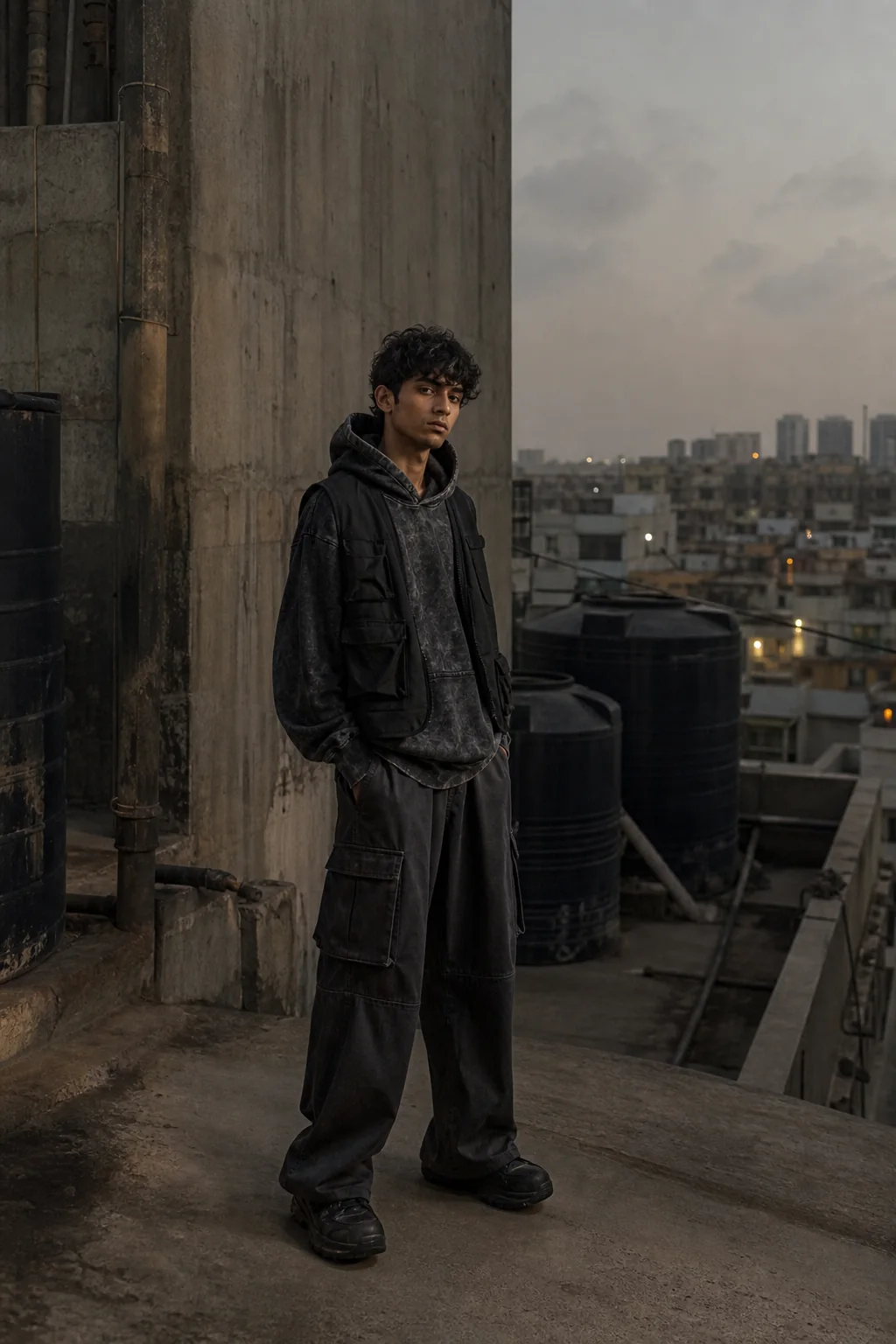 Pakistani model wearing oversized charcoal streetwear on a weathered Karachi rooftop at dusk.