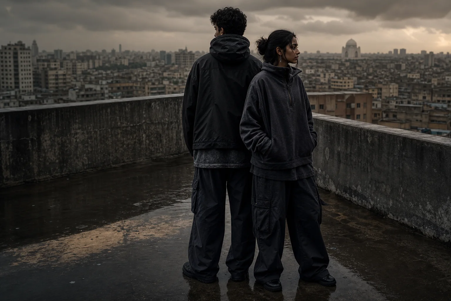 Two Pakistani models in layered charcoal streetwear overlooking Karachi after rain.