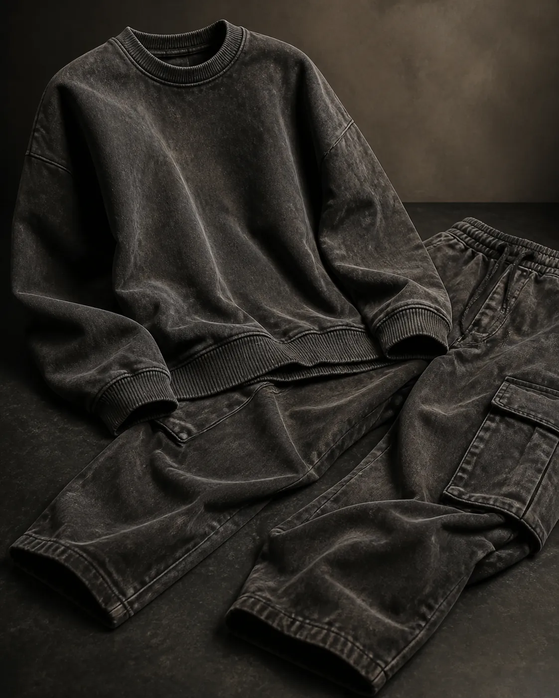 Charcoal acid-wash fleece and cargo trousers arranged on a dark stone surface.
